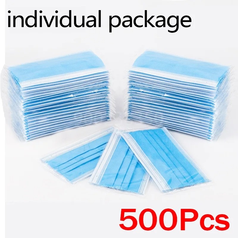 Disposable Mask Blue - 50-500枚入り 使い捨て大人用個別包装マスク フィルター付き メルトブローン不織布フェイスマスク ブルー 通気性